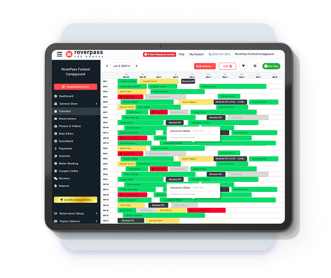 A tablet displaying a campground management software interface named "Roverpass," featuring a detailed calendar with reservations, blocked slots, and user names, along with navigation options like Dashboard, Calendar, and Reservations.