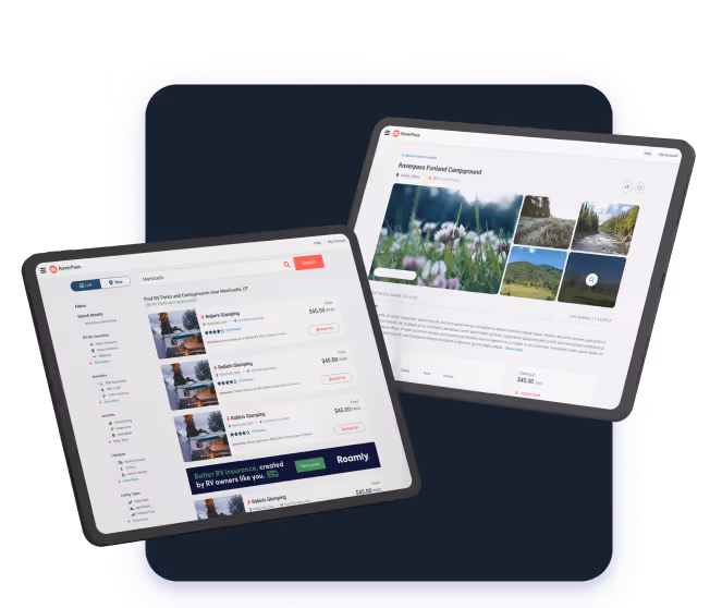 Two tablets displaying an online platform for campgrounds; one shows a search results page with various RV parks and glamping sites, and the other shows a detailed listing page for "RoverPass Funland Campground" with images and description.
