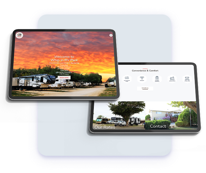 Two tablets displaying a website for "Whip In RV Park"; one shows the homepage with a sunset campground photo and welcome message, while the other presents sections for "Convenience & Comfort" (with icons for amenities), "Our Rates," and "Contact."