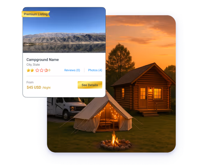An illustration of a cozy campsite at sunset with a cabin, tent, RV, and campfire, partially overlaid by a digital "Premium Listing" card showcasing a "Campground Name" with a mountain view, pricing, and a "See Details" button.