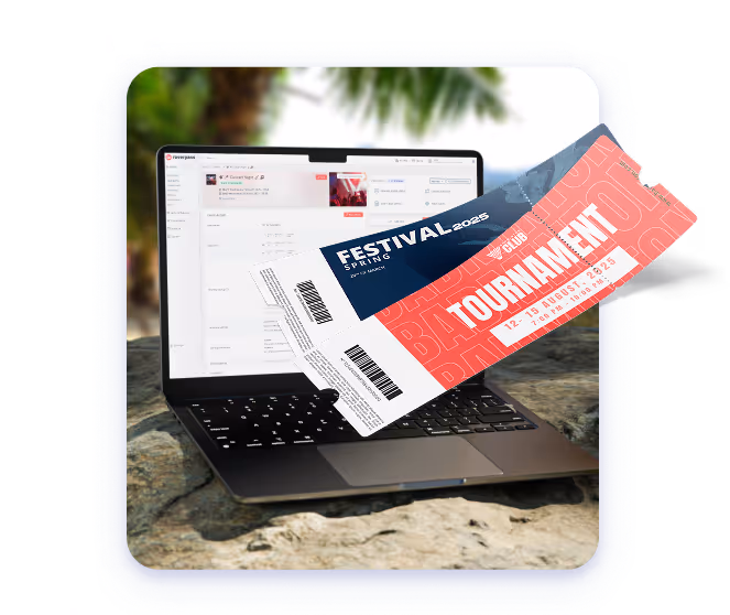 A laptop displaying a "Roverpass" interface with event details, and two physical-looking event tickets partially emerging from the screen, one for "FESTIVAL SPRING 2025" and another for a "TOURNAMENT," set outdoors.