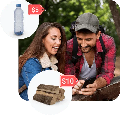 Smiling couple using a phone with icons for bottled water and firewood purchases