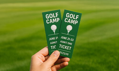 Hand holding two green ‘Golf Camp’ admit-one tickets against a grassy background