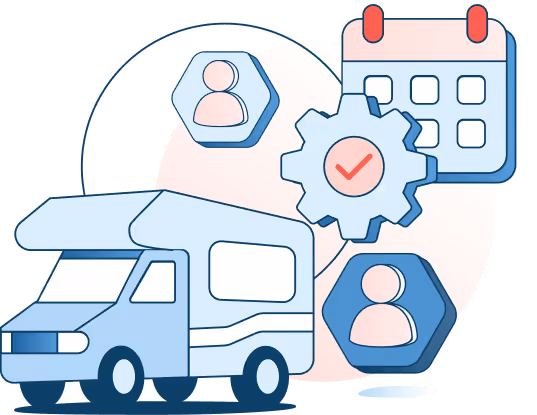 Illustration of an RV with two user icons, a calendar, and a gear with a checkmark, symbolizing reservation settings
