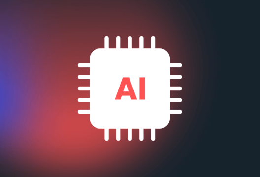 White microchip icon labeled ‘AI’ over a blurred red and blue gradient background, representing AI-powered tools