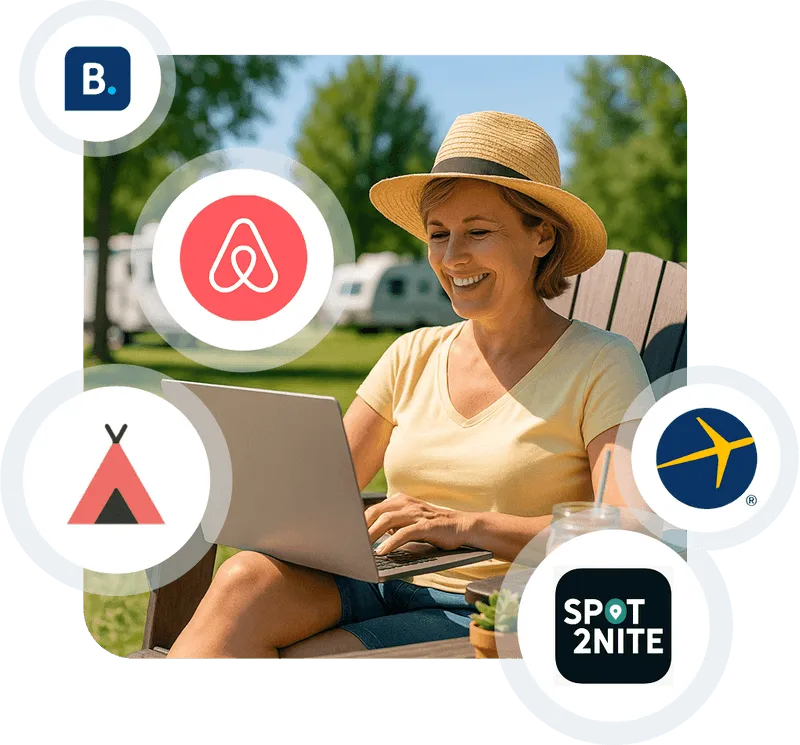 Woman at a campground using a laptop, surrounded by partner logos