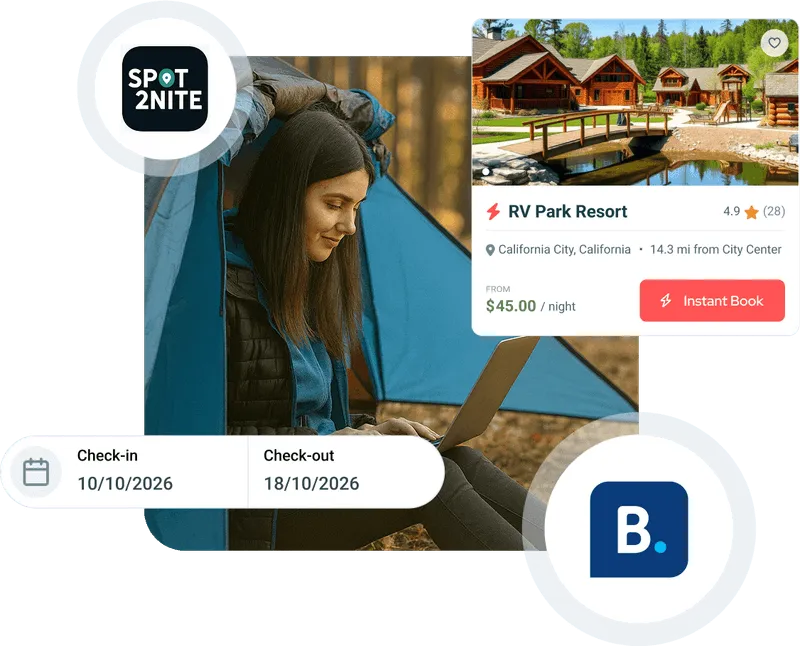 Woman in a tent using a laptop with an RV park booking card and Spot2Nite and Booking.com logos