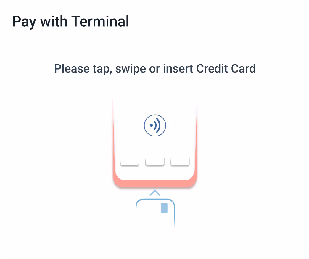 Payment screen prompting to tap, swipe, or insert a credit card with a contactless icon
