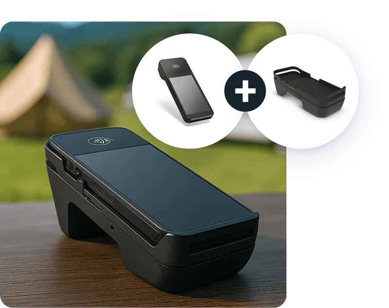 Compact credit card reader displayed together with its mounting dock.