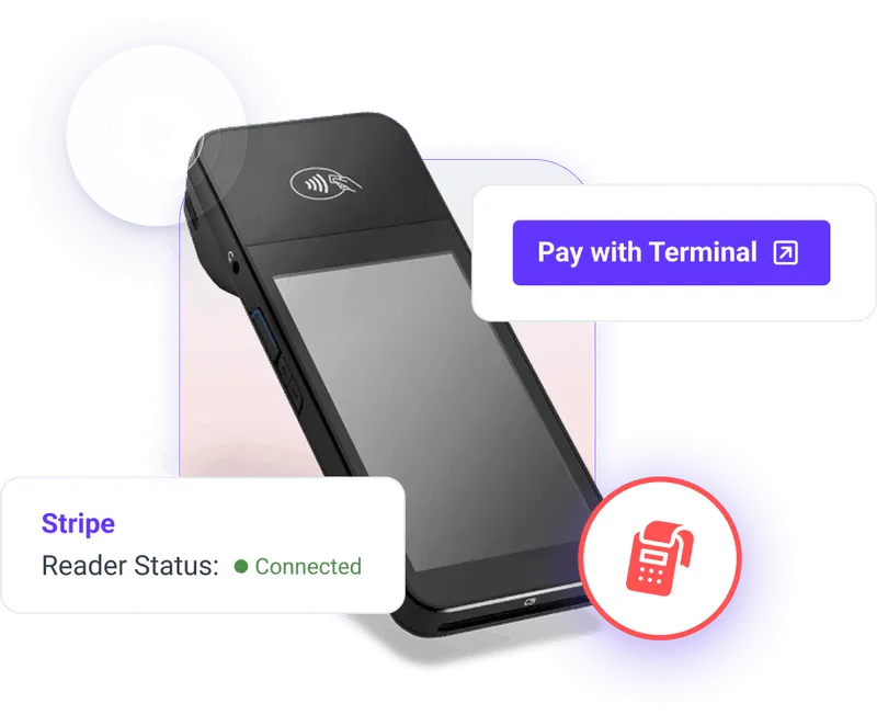 Credit card terminal with a ‘Pay with Terminal’ button overlay and a Stripe reader status showing connected.