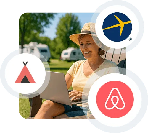 Central RV icon surrounded by circles with Airbnb, Expedia, Spot2Nite, Booking.com and a tent icon, illustrating OTA integrations