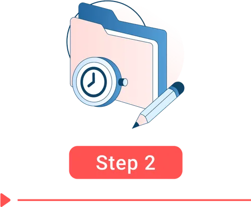 Folder with a clock and a pencil, labeled Step 2