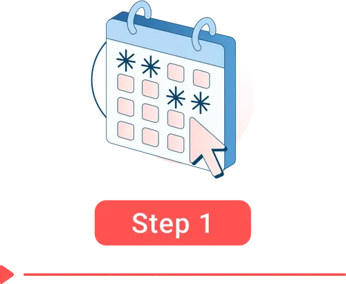 Calendar with highlighted dates and a cursor, labeled Step 1