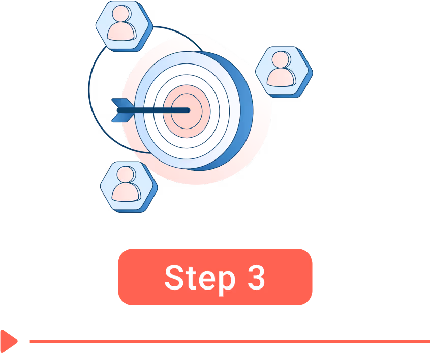 Bullseye target with an arrow in the center and user icons, labeled Step 3