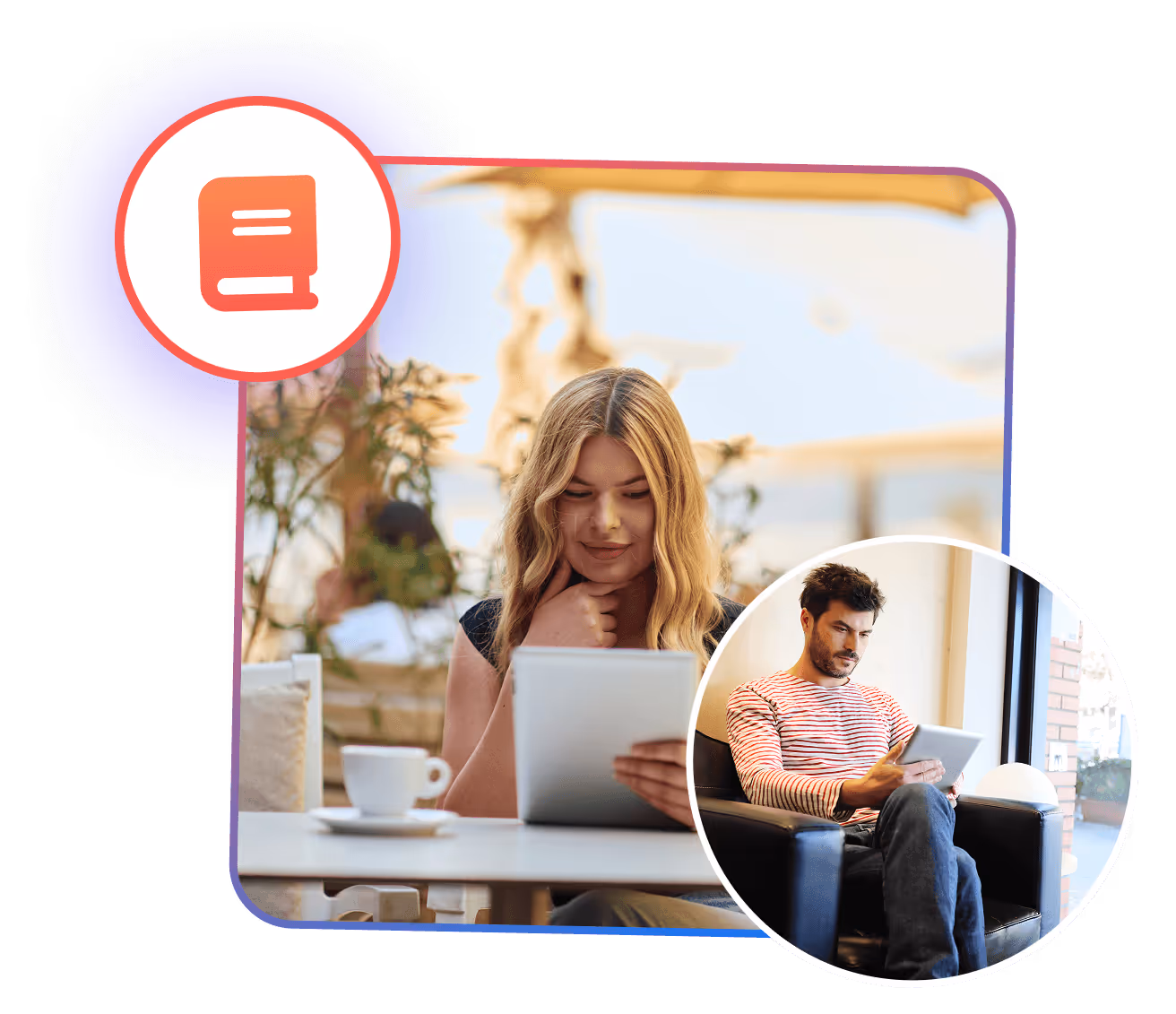 Two people using tablets in relaxed indoor settings, representing access to online resources and digital learning