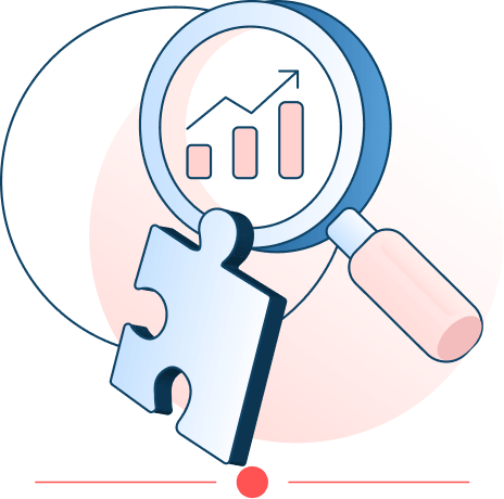 Illustration of a magnifying glass over a chart with a puzzle piece, symbolizing performance tracking and connected tools