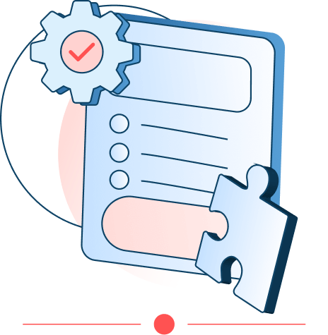 Illustration of a settings gear and form with a puzzle piece, symbolizing software setup and integration