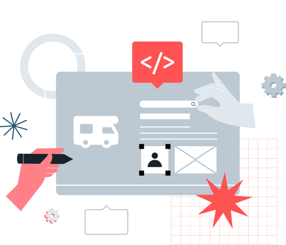 Web development illustration showing hands coding, designing, and optimizing a responsive website. Perfect for articles on UI/UX, web accessibility solutions, mobile work, and digital design services.