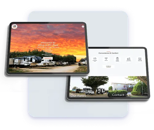 Two tablets displaying a website for "Whip In RV Park"; one shows the homepage with a sunset campground photo and welcome message, while the other presents sections for "Convenience & Comfort" (with icons for amenities), "Our Rates," and "Contact."