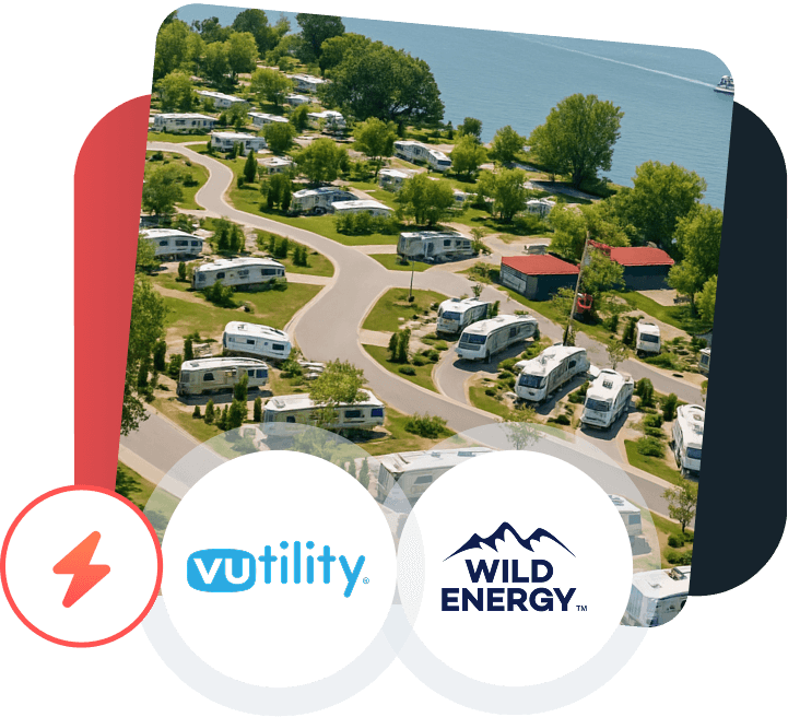 Aerial view of an RV park with multiple RV sites and internal roads