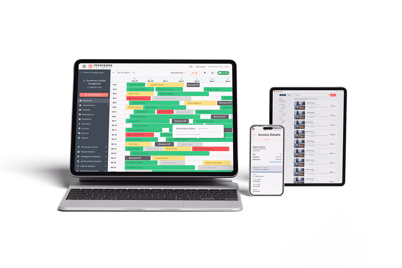 RoverPass campground reservation dashboard displayed on multiple devices