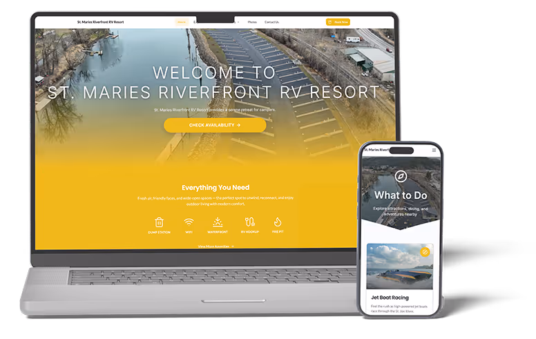 Custom RV resort website design for St. Maries Riverfront displayed on desktop and mobile devices