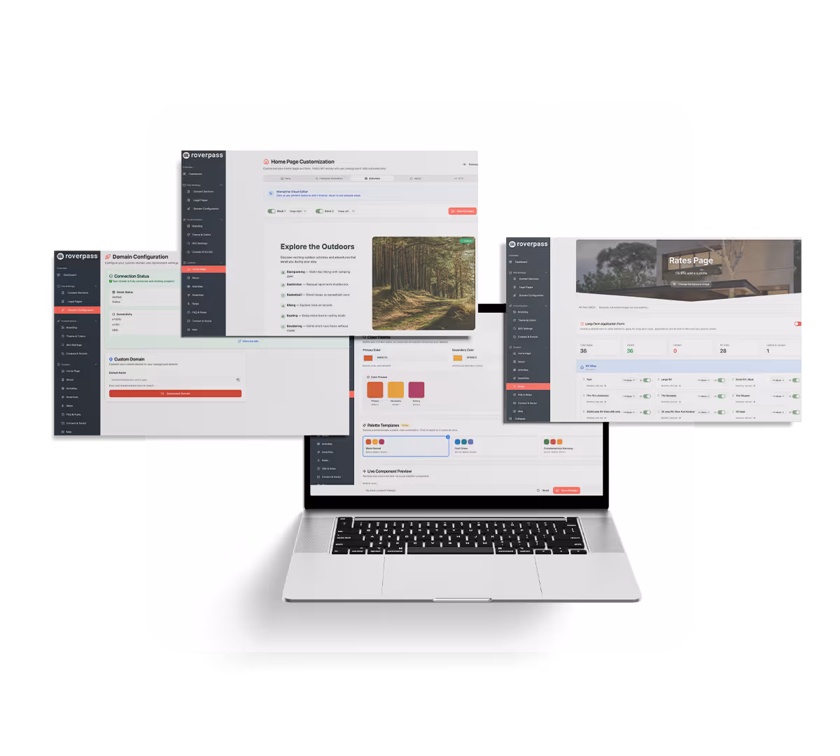 RoverPass admin portal showing home page customization, domain configuration, and rates page editing on a laptop