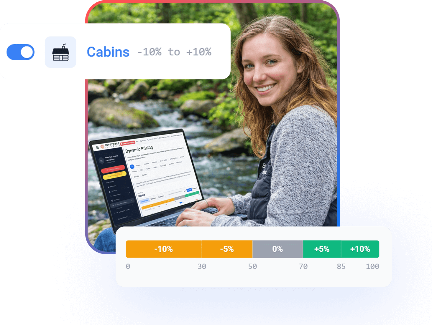 Outdoor property manager reviewing dynamic pricing settings for cabins in reservation software