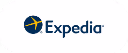 Expedia wordmark with the classic yellow airplane and blue globe symbol.