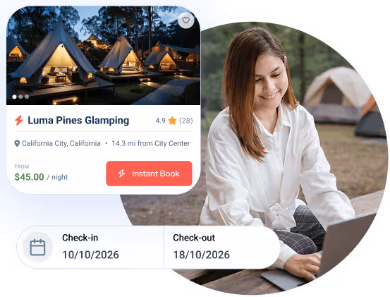 User-friendly glamping booking platform showing Luma Pines Glamping with instant book features and check-in/out dates.