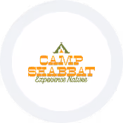 Outdoor-themed logo for Camp Shabbat with a green tent icon and orange block lettering.