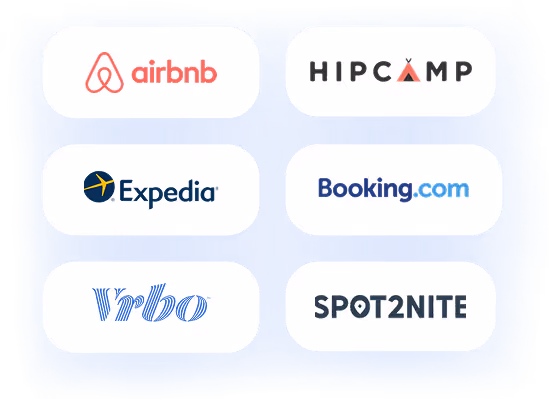 Seamless integration with major travel platforms including Airbnb, Booking.com, Expedia, Vrbo, Hipcamp, and Spot2Nite.
