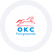 Official logo for OKC Fairgrounds featuring a red jumping horse silhouette and blue modern typography.