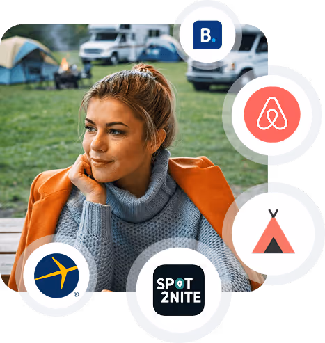 RV Park owner with the logos of 5 different OTAs that she has access to with RoverPass software