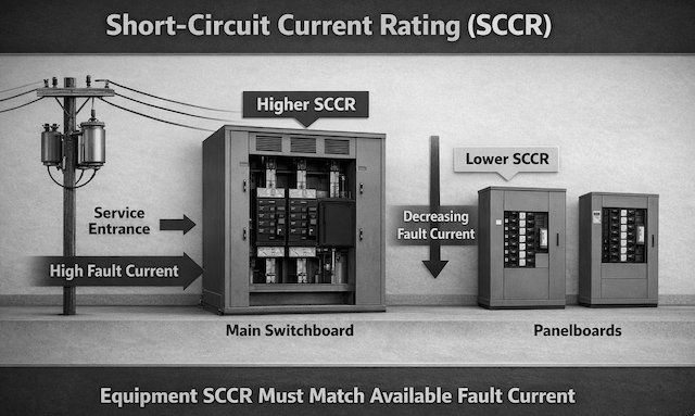 SCCR diagram showing fault current from switchboard to panelboards