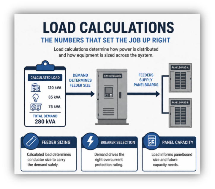 Electrical diagram showing load calculations determining feeder sizing, breaker selection and panelboard capacity across a power distribution system.