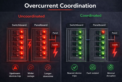 Side-by-side visual of uncoordinated and coordinated electrical distribution systems highlighting difference in fault isolation and system impact.