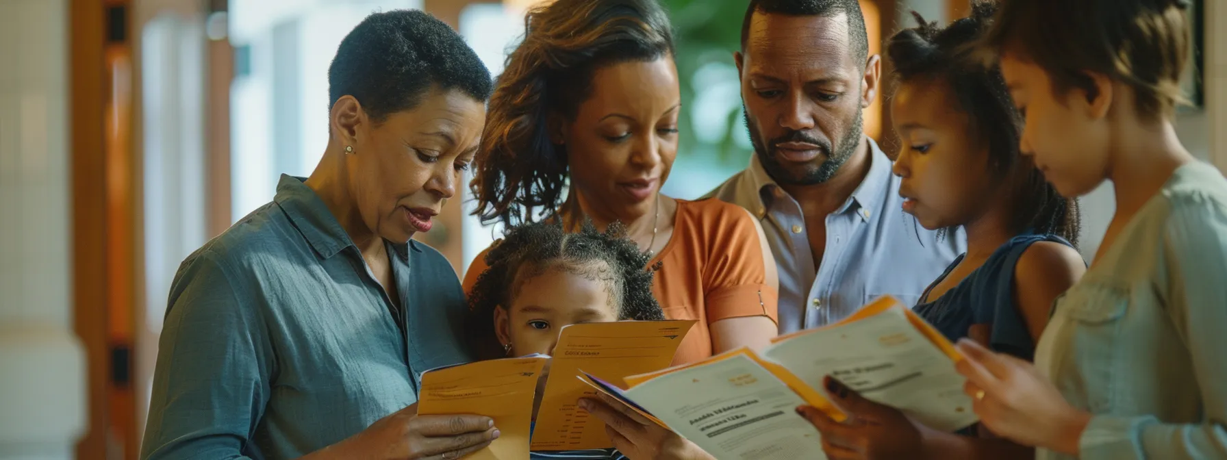 a diverse group of families looking through a stack of informational brochures on health insurance options at a community center.