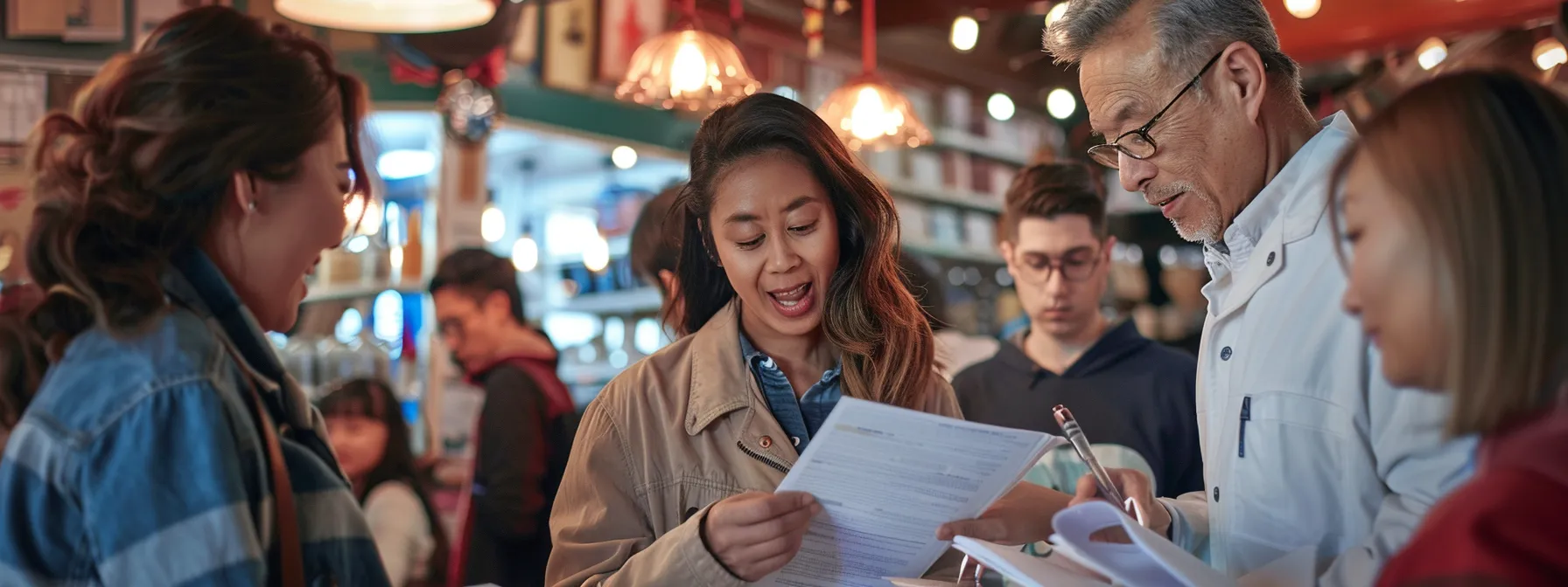 a diverse group of people with varied backgrounds and occupations are shown filling out forms and discussing health insurance options in a bustling marketplace.