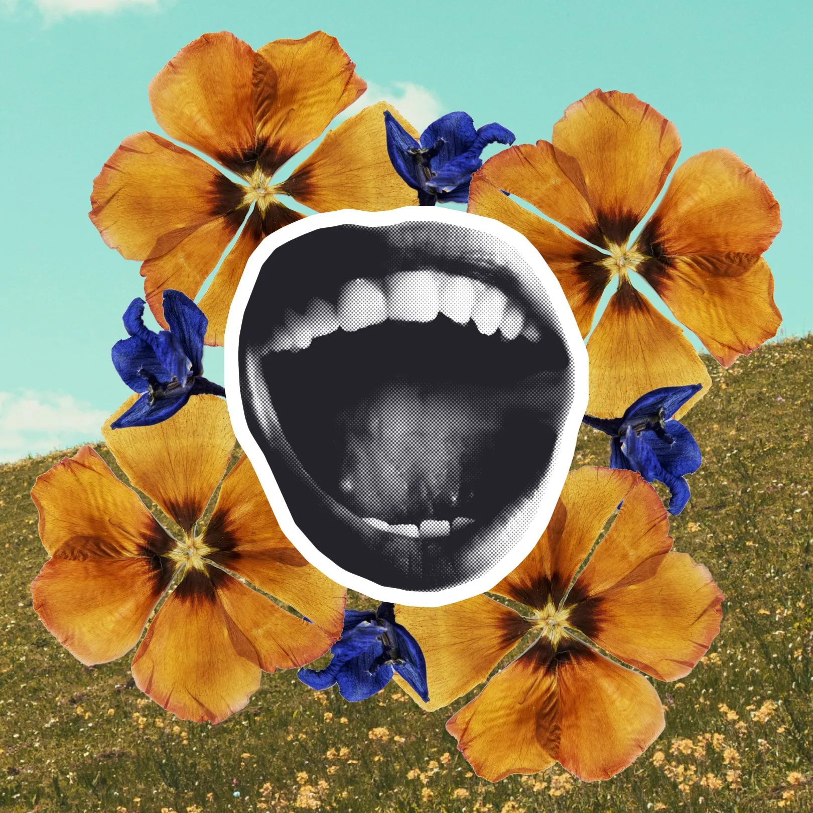 A mouth with flowers bursting from behind it