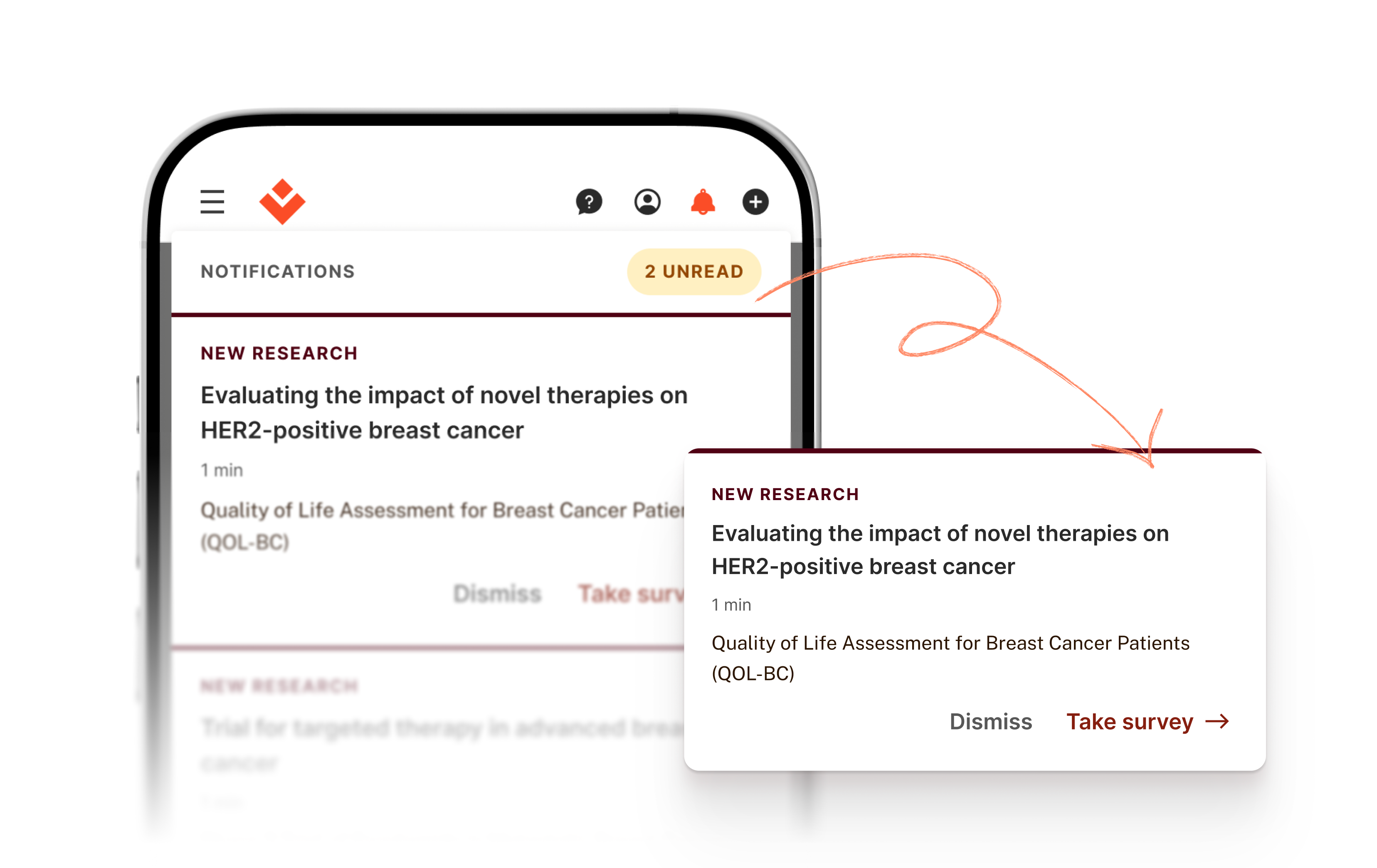 Image of the Novellia app highlighting notifications of new studies