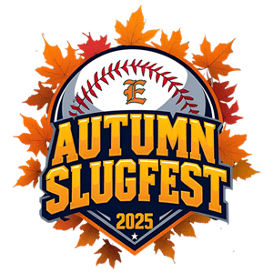 The Elkridge Hurricanes Autumn Slugfest tournament logo, which consists of a baseball with the Hurricanes "E" logo stamped on it surrounded by autumn leaves and the words "Autumn Slugfest" beneath it.