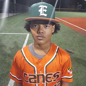 Headshot of Elkridge Hurricanes player Tommy LaRue wearing his orange Canes baseball jersey and green Elkridge E logo hat.