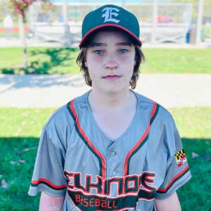 Headshot of Elkridge Hurricanes player Garrett White wearing his gray Elkridge baseball jersey and green Elkridge E logo hat.