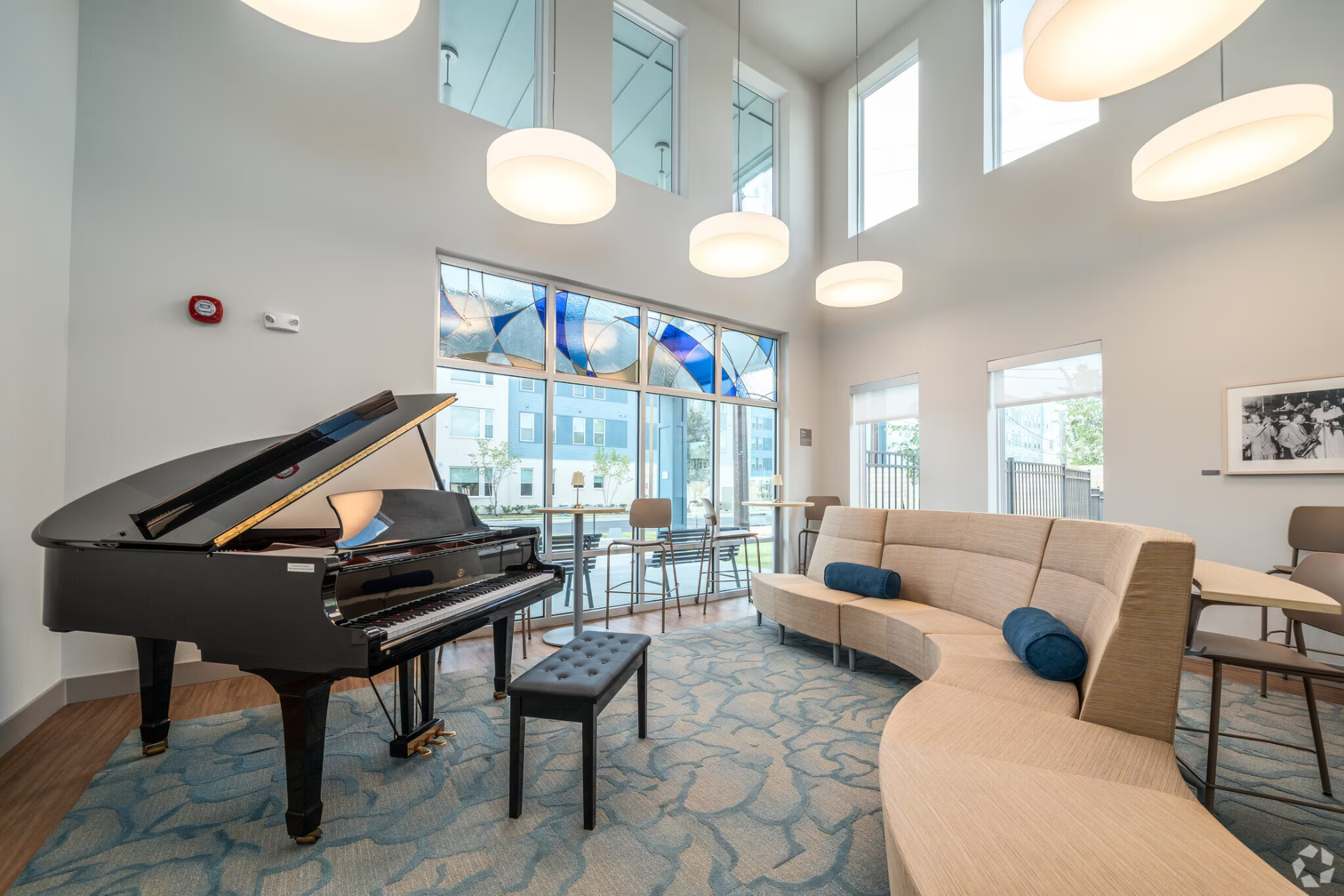 piano with seating area