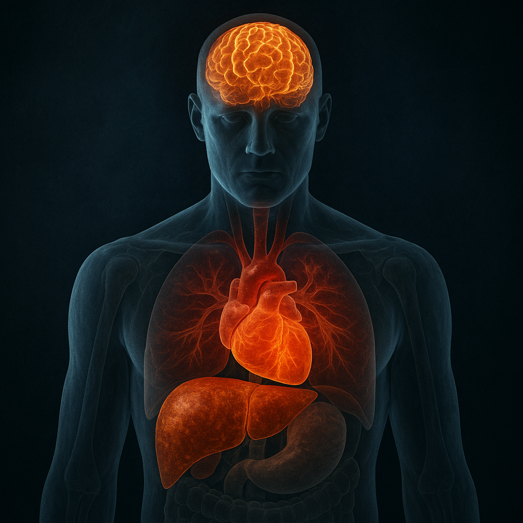 Illustration of internal organ damage associated with long-term alcoholism, including the liver, brain, and heart.