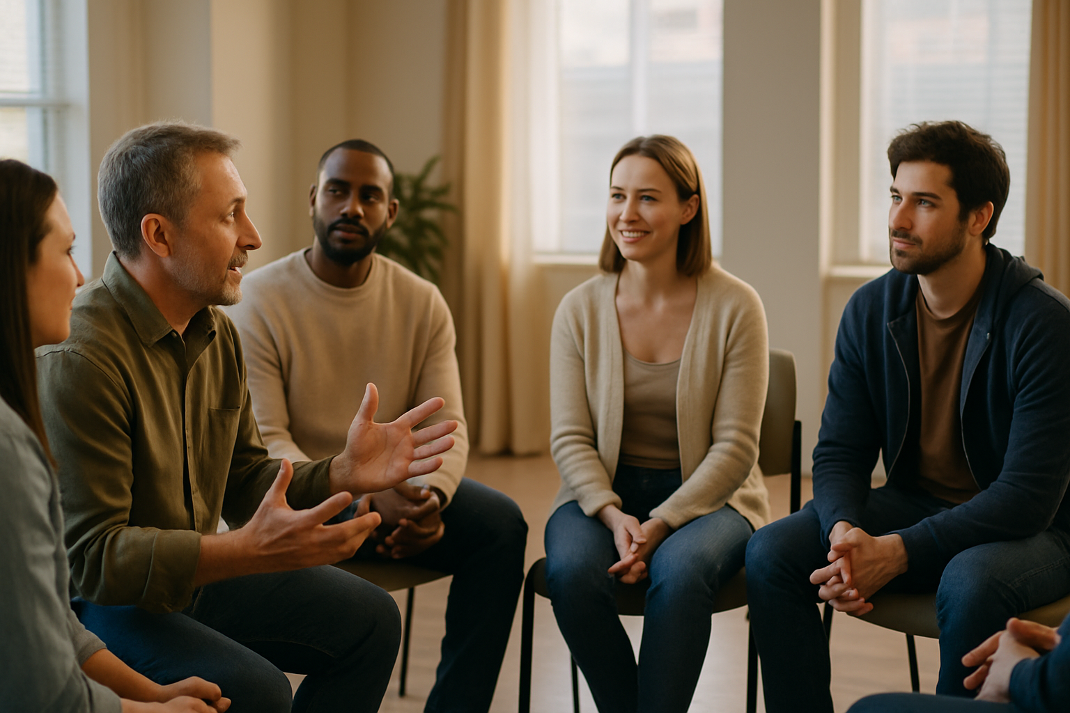 A supportive group therapy session, symbolizing a key part of alcoholism recovery treatment.