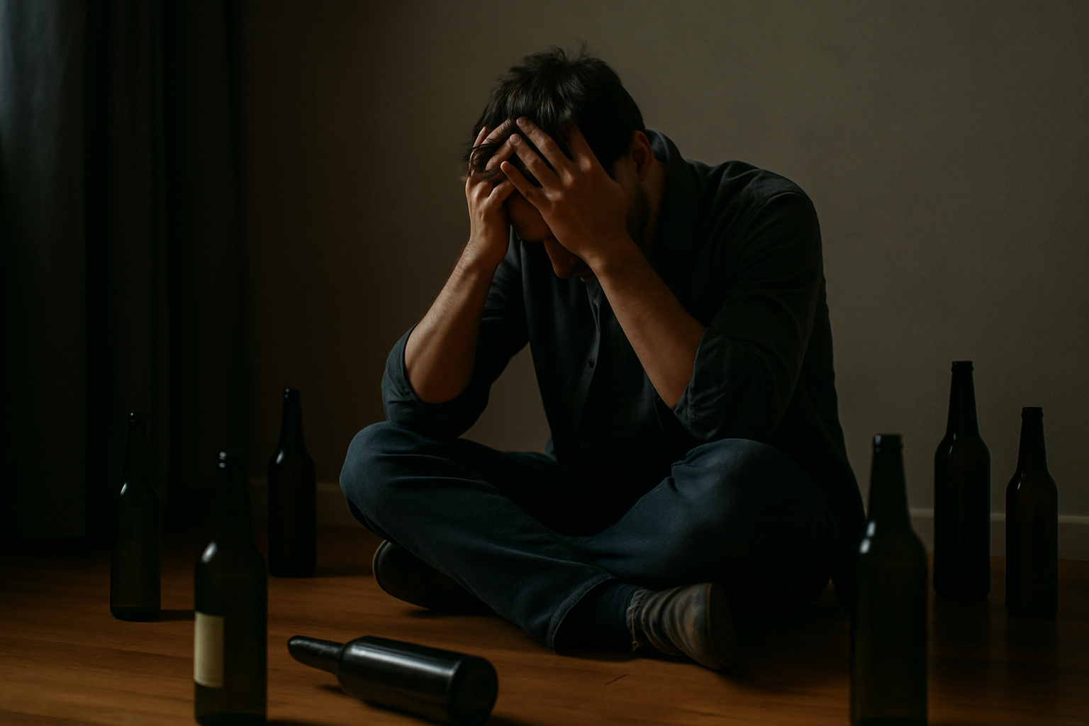 A distressed individual alone in a dark room surrounded by empty alcohol bottles, symbolizing emotional and physical dependence on alcohol.