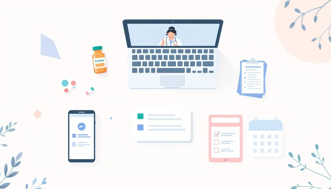 An illustration of what to expect during an online Suboxone appointment, including a checklist of steps involved.