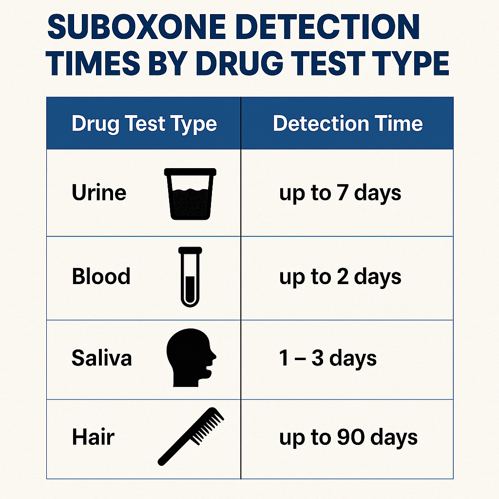 A comparison chart of different drug tests for detecting Suboxone.